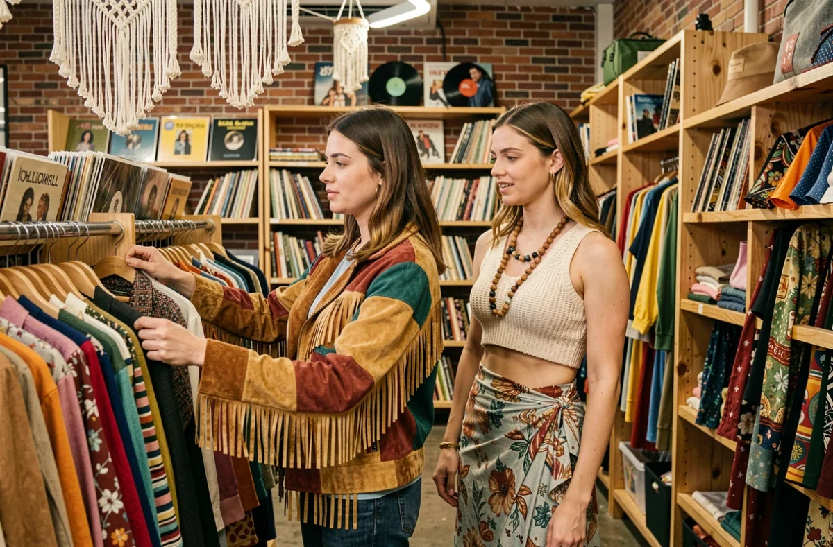 Deux femmes explorant des vêtements vintage style hippie années 70 dans une boutique de fripes rétro avec décoration macramé et briques apparentes