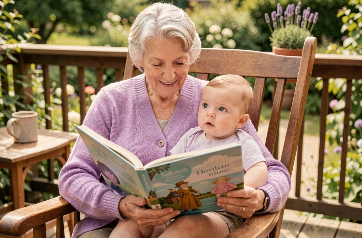 Grand-mère lisant un livre illustré à son bébé de huit mois sur une terrasse en bois entourée de verdure