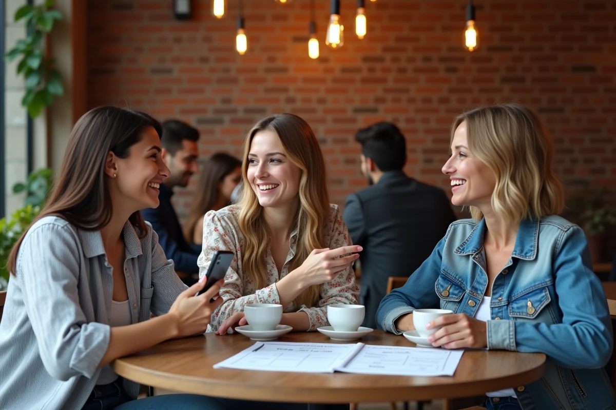 Groupe d'adultes apprenant le futur en espagnol avec une chanson sur smartphone dans un café moderne