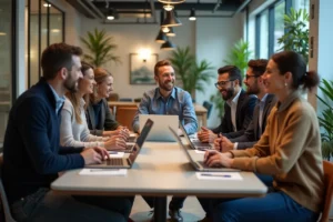 Groupe diversifié en coworking collaboratif moderne