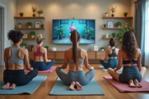 Groupe de jeunes adultes faisant du fitness à la maison