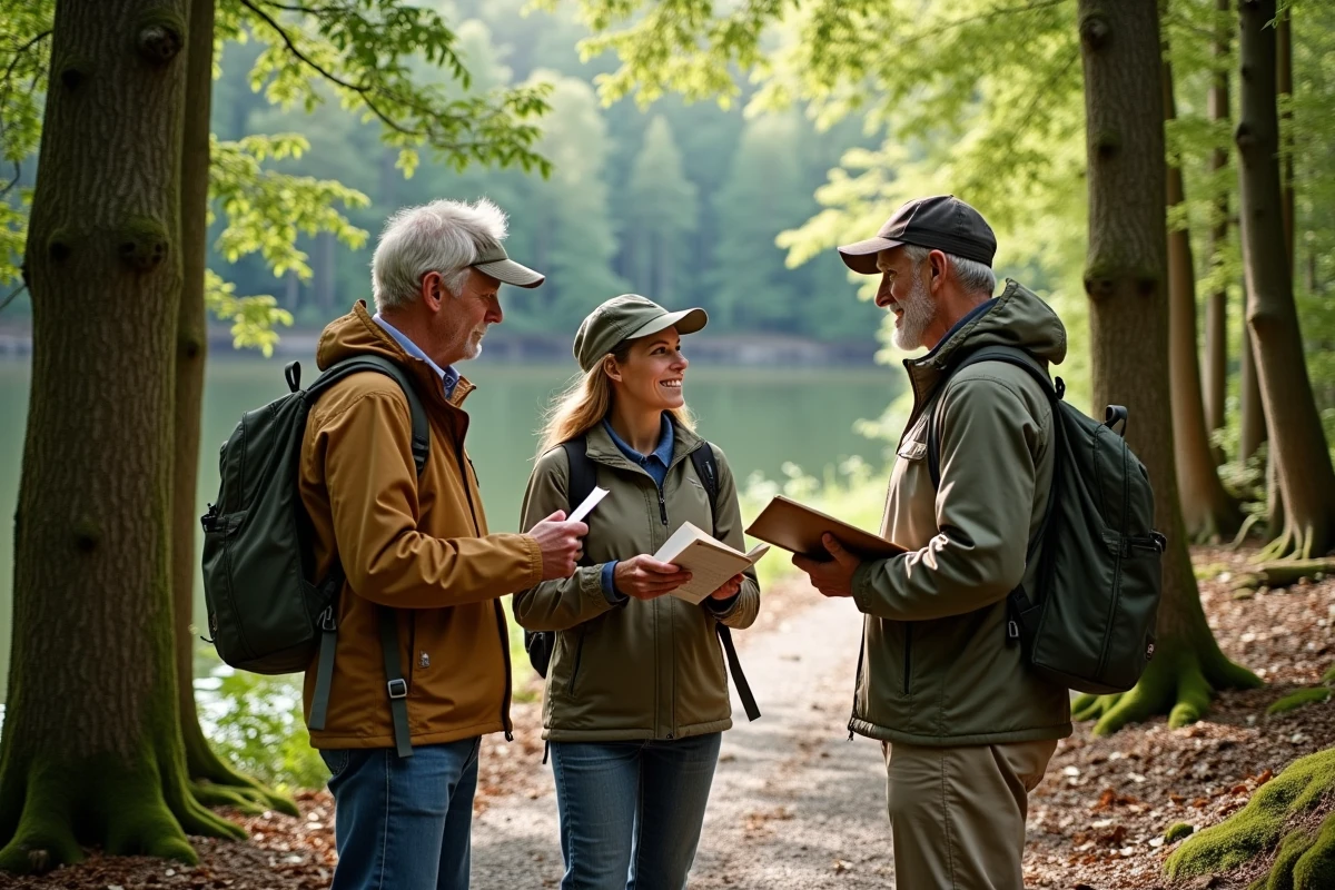 Groupe de randonneurs pratiquant l'ornithologie sur un sentier forestier au bord du lac d'Aiguebelette en Savoie