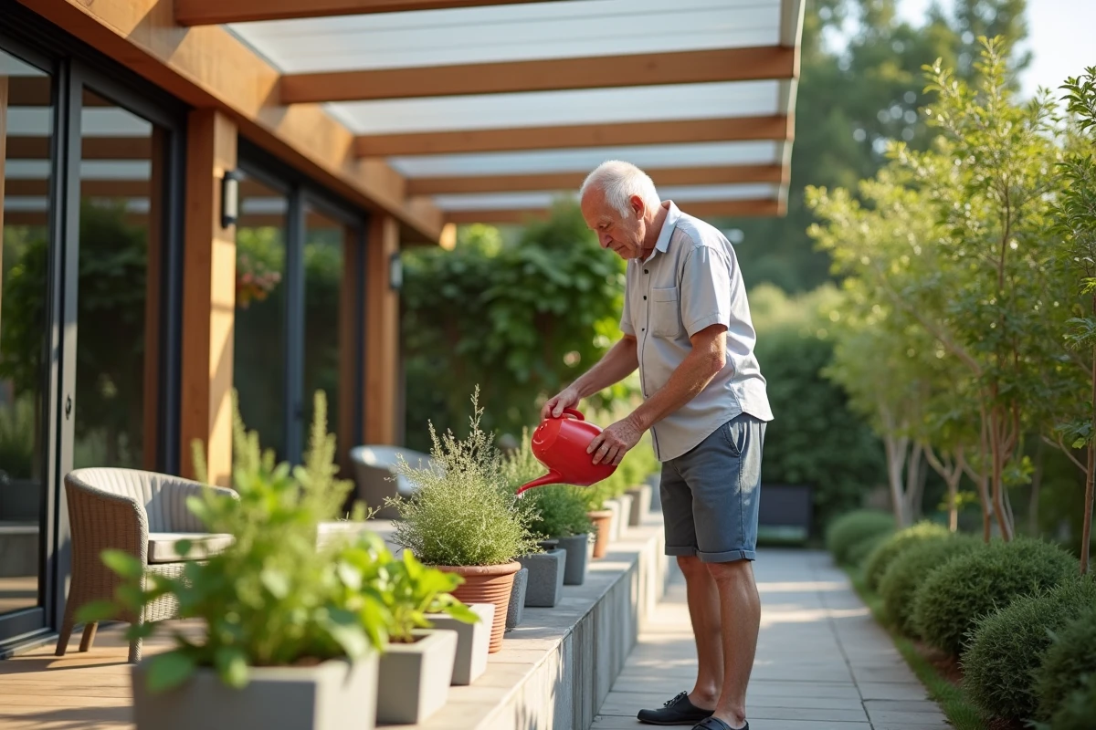 Homme arrosant des plantes sous pergola en extérieur