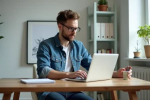 Homme concentré travaillant sur son ordinateur dans un bureau organisé