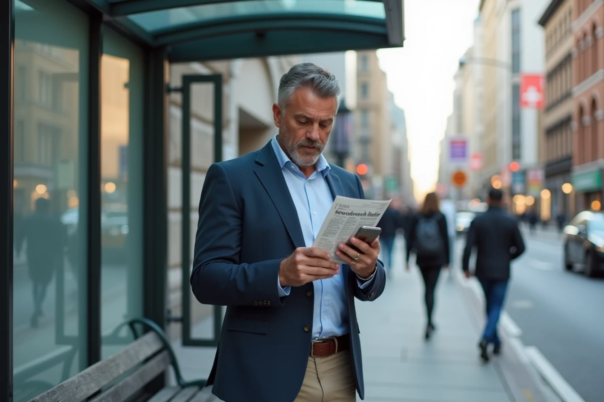 Homme dans une ville lisant une newsletter sur son téléphone