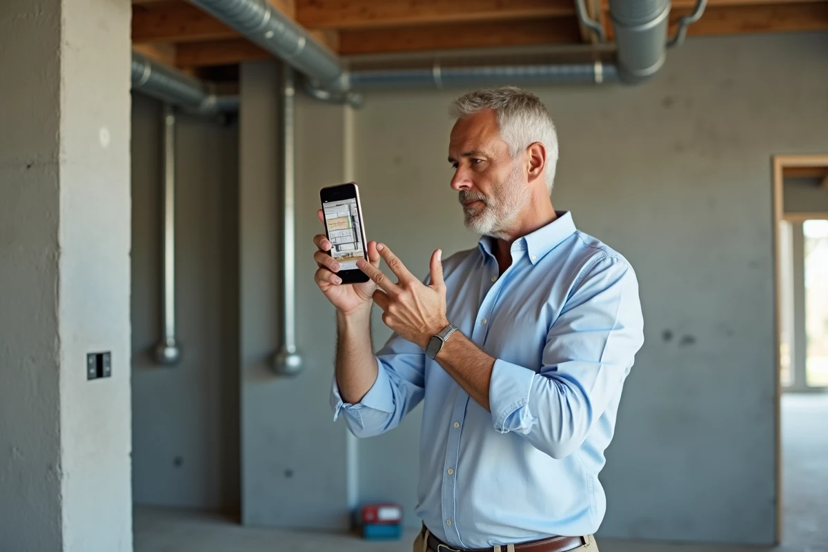 Homme examinant un plan 3D sur smartphone sur un chantier