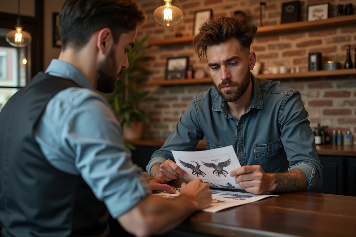 Homme choisissant un tatouage au comptoir d