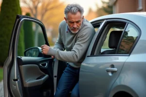 Homme avec hernie discale s'installant prudemment dans le siège conducteur d'une berline moderne