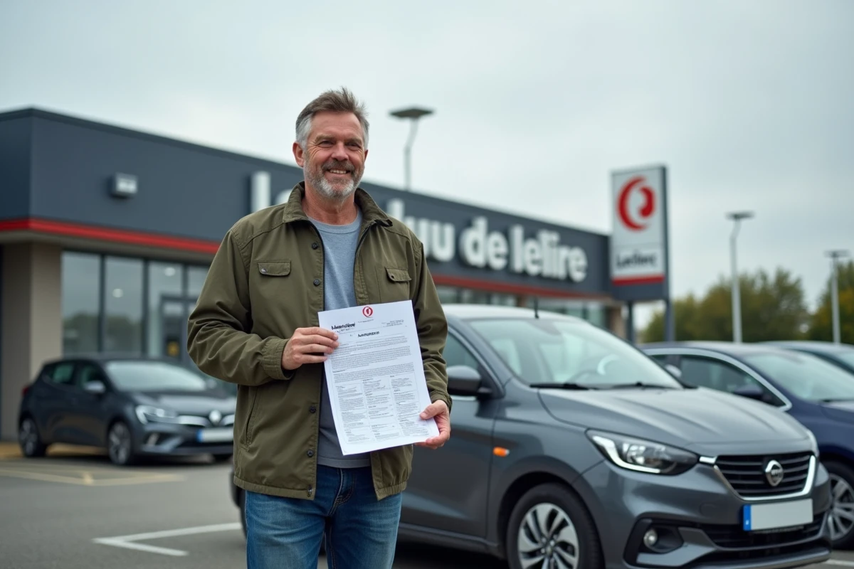 Homme content avec document de voiture dans parking