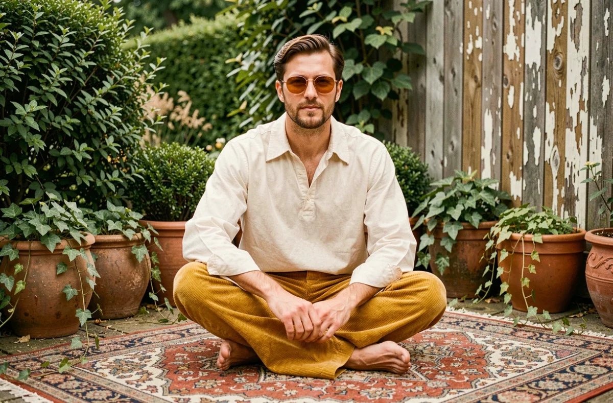 Homme en pantalon évasé corduroy moutarde et chemise paysanne crème avec lunettes rondes teintées assis sur un tapis persan vintage dans un jardin bohème