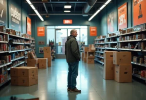 Homme d'âge moyen dans un magasin de sport en liquidation