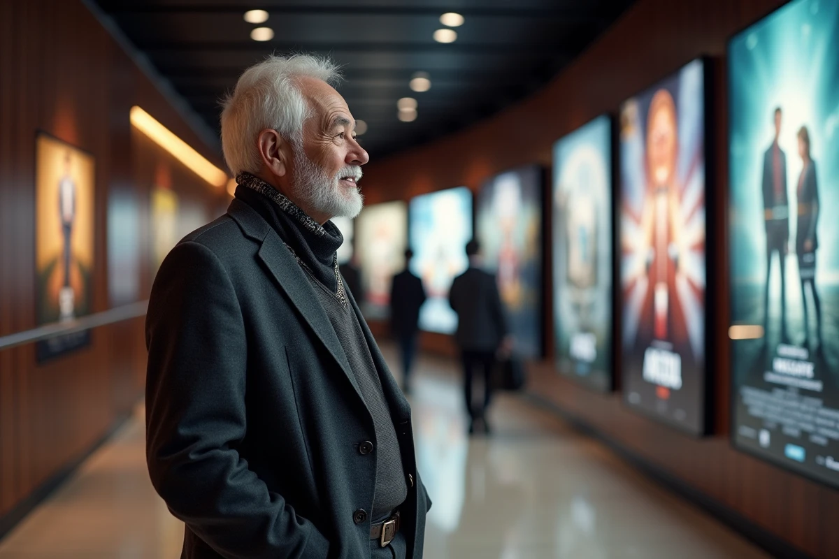 Homme observant des affiches de films dans un hall de cinéma