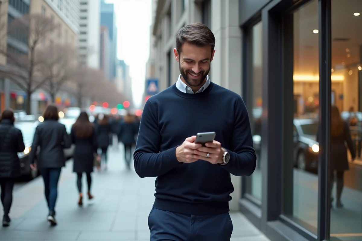 Homme dans la ville vérifiant son smartphone