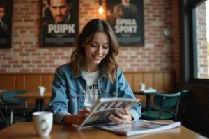 Jeune femme lisant un magazine de cinéma dans un café cosy