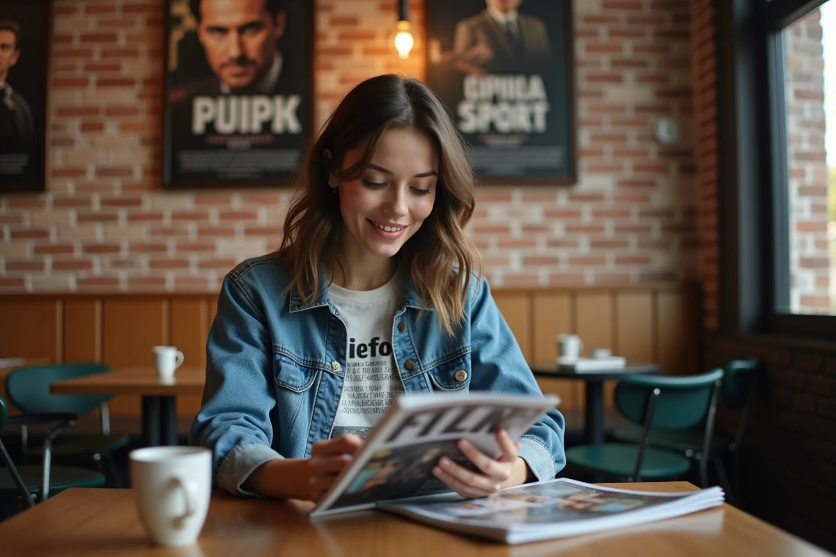 Jeune femme lisant un magazine de cinéma dans un café cosy