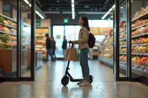 Jeune femme avec scooter dans un supermarche moderne