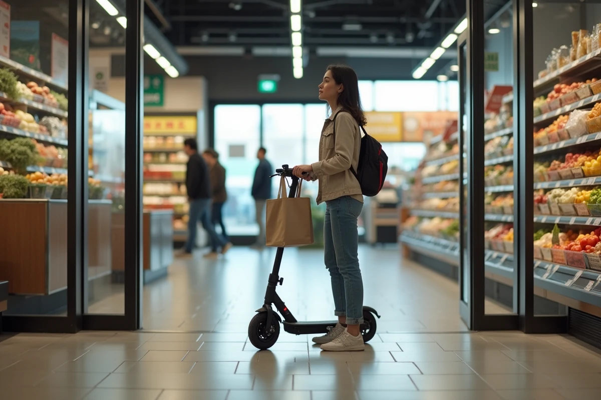 Jeune femme avec scooter dans un supermarche moderne