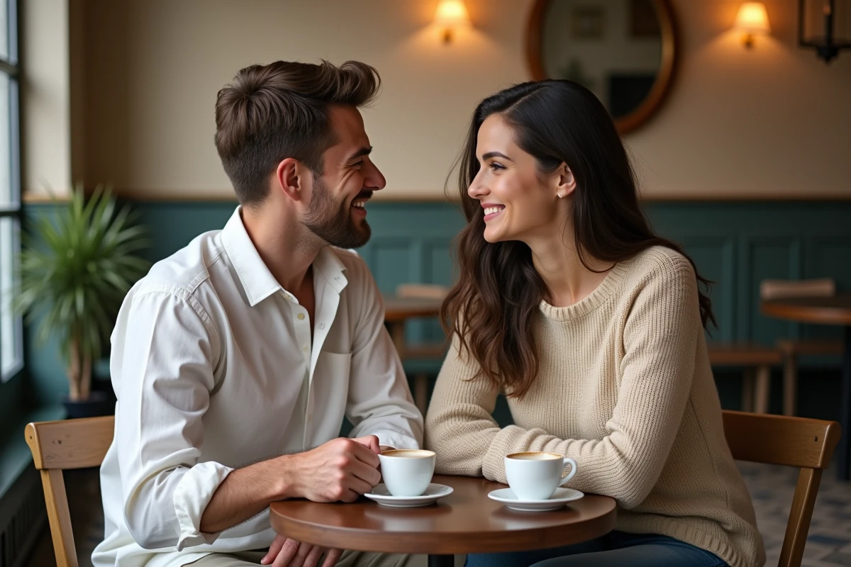 Couple amoureux dans un café français typique, partageant un moment de complicité autour d'un café, ambiance intime et chaleureuse