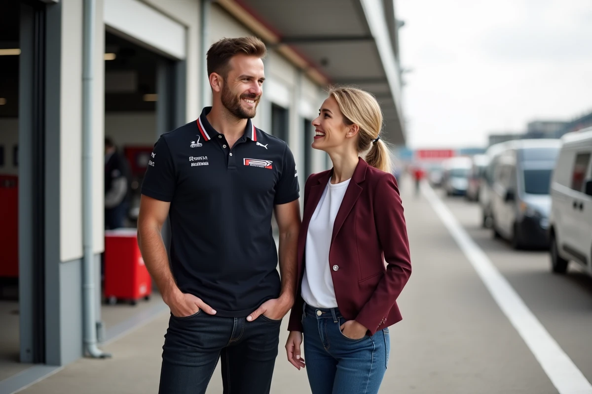Johann Zarco et sa compagne dans le paddock d'un circuit de course, couple uni mêlant passion sportive et vie amoureuse