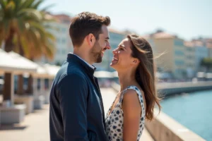 Johann Zarco et sa copine complices sur une promenade côtière méditerranéenne, couple souriant en tenue décontractée
