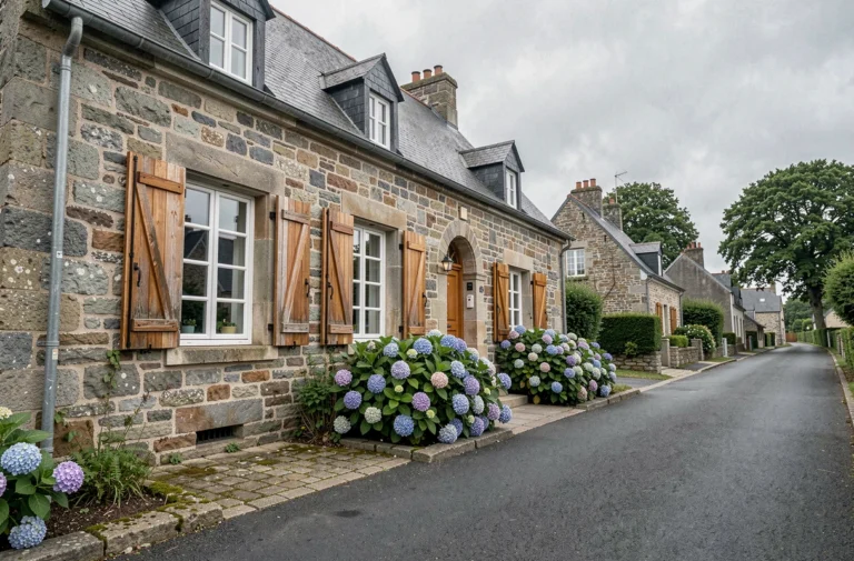 Maison en pierre bretonne traditionnelle à Plaintel avec jardin fleuri et volets en bois, opportunité immobilière en Côtes-d'Armor