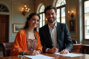 Jeune couple romani signe mariage à la mairie