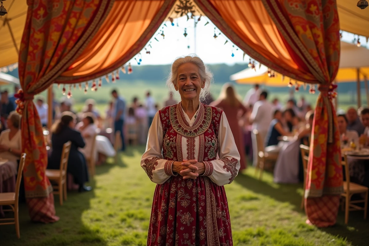 Matriarche romani accueille invités devant tente