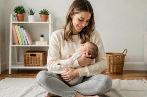 Jeune mère tenant tendrement son bébé de quatre mois contre elle sur un tapis en lin gris dans un salon cosy et chaleureux