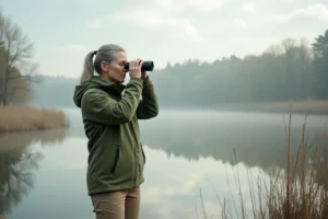 Femme observant les oiseaux avec des jumelles au bord du lac d'Aiguebelette lors d'une balade ornithologique matinale