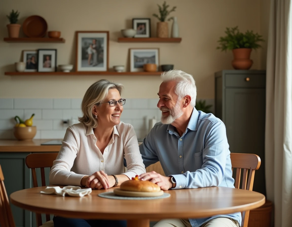 Couple de parents souriants assis ensemble dans une salle à manger familiale, symbolisant le soutien parental dans la carrière de leur enfant