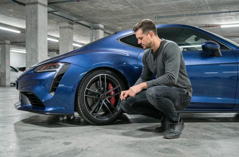 Passionné de voiture examinant une sportive bleue métallisée dans un parking moderne en 2024