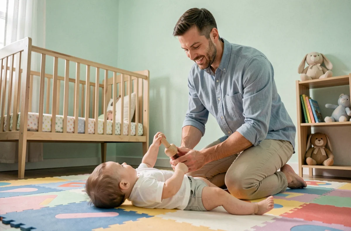 Père jouant avec son bébé de six mois sur un tapis de jeu coloré dans une chambre de bébé décorée en vert menthe