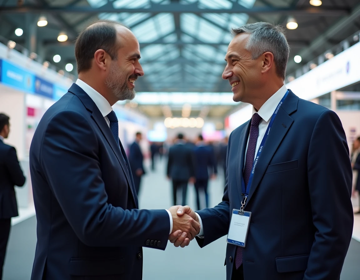 Poignée de main entre un homme d'affaires français et un partenaire kazakh lors d'un salon commercial international illustrant les échanges économiques France-CEI