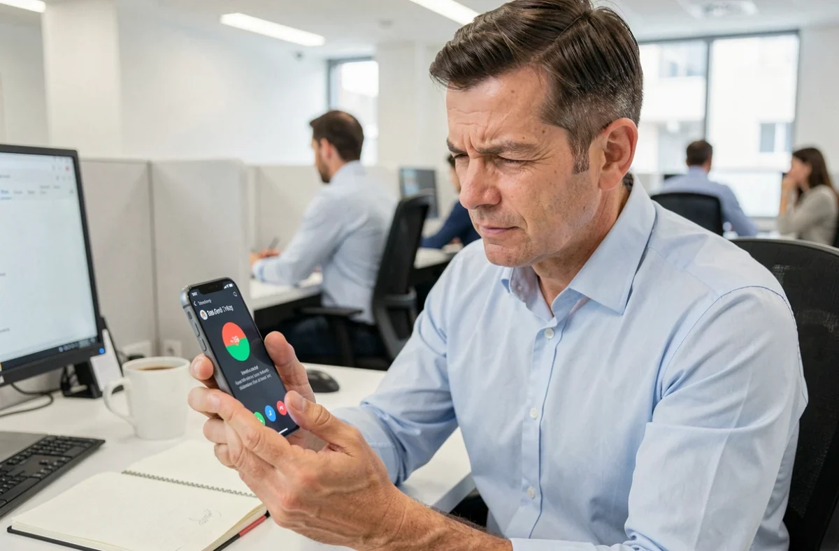 Homme en bureau regardant un appel téléphonique entrant avec le numéro international +39 de l'Italie sur son smartphone