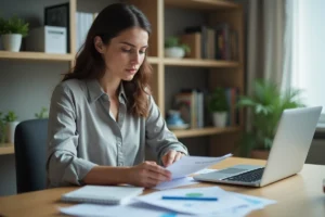 Femme consultant des documents et un ordinateur portable pour obtenir le remboursement de EF