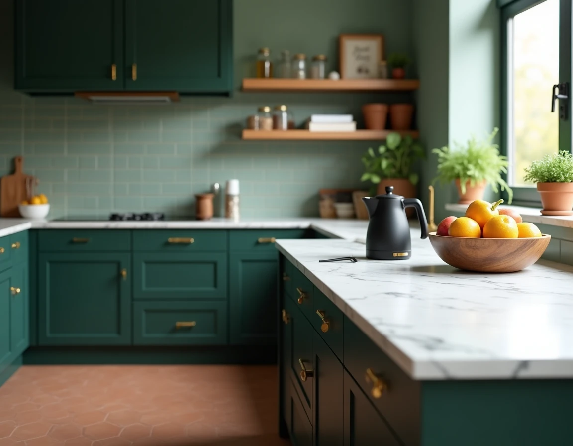 Cuisine rénovée moderne avec armoires vert forêt, plan de travail en marbre Calacatta et carrelage terracotta hexagonal