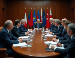 Réunion diplomatique franco-CEI autour d'une table de conférence avec délégués européens et centre-asiatiques échangeant des documents officiels