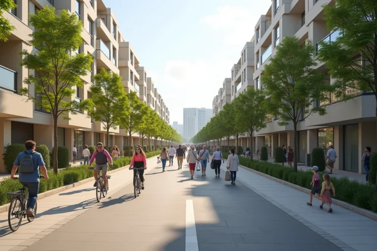 Rue piétonne animée de Bagneux avec immeubles résidentiels modernes et habitants se promenant sous les platanes