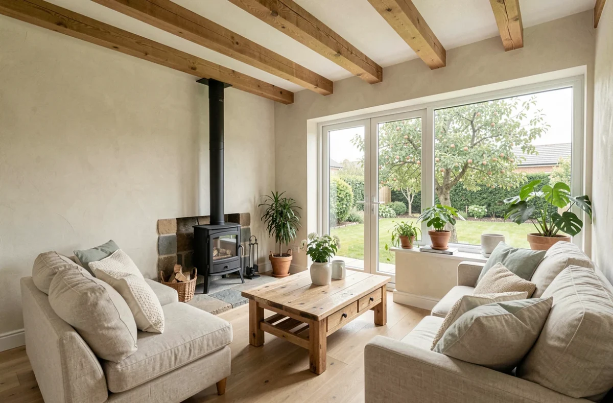 Séjour lumineux avec poutres apparentes et poêle à bois dans une maison à vendre à Plaintel, intérieur contemporain breton