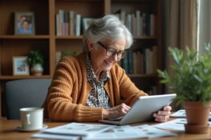 Femme senior souriante utilisant une tablette dans un bureau chaleureux