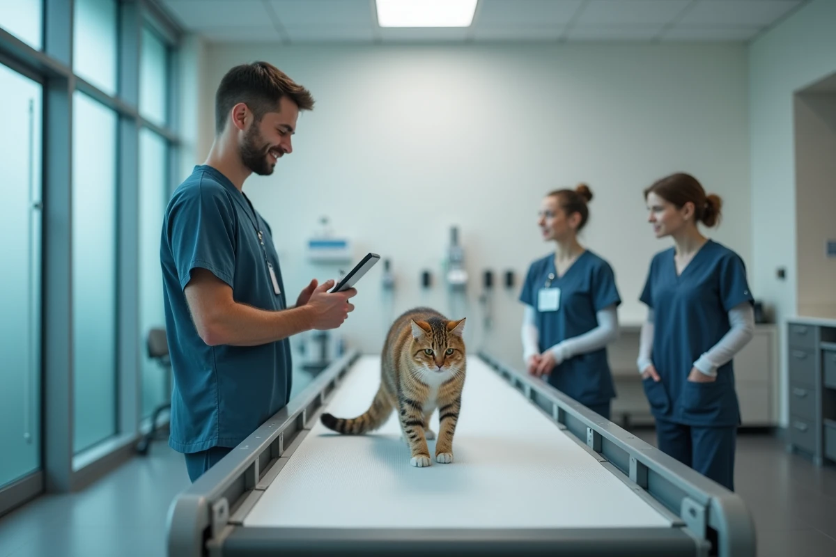 Technicien vétérinaire observe un chat sur un tapis de rééducation