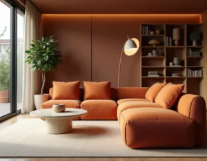 Salon contemporain aux tendances décoration 2024 avec canapé bouclé terracotta, table basse en travertin et étagères en bois naturel
