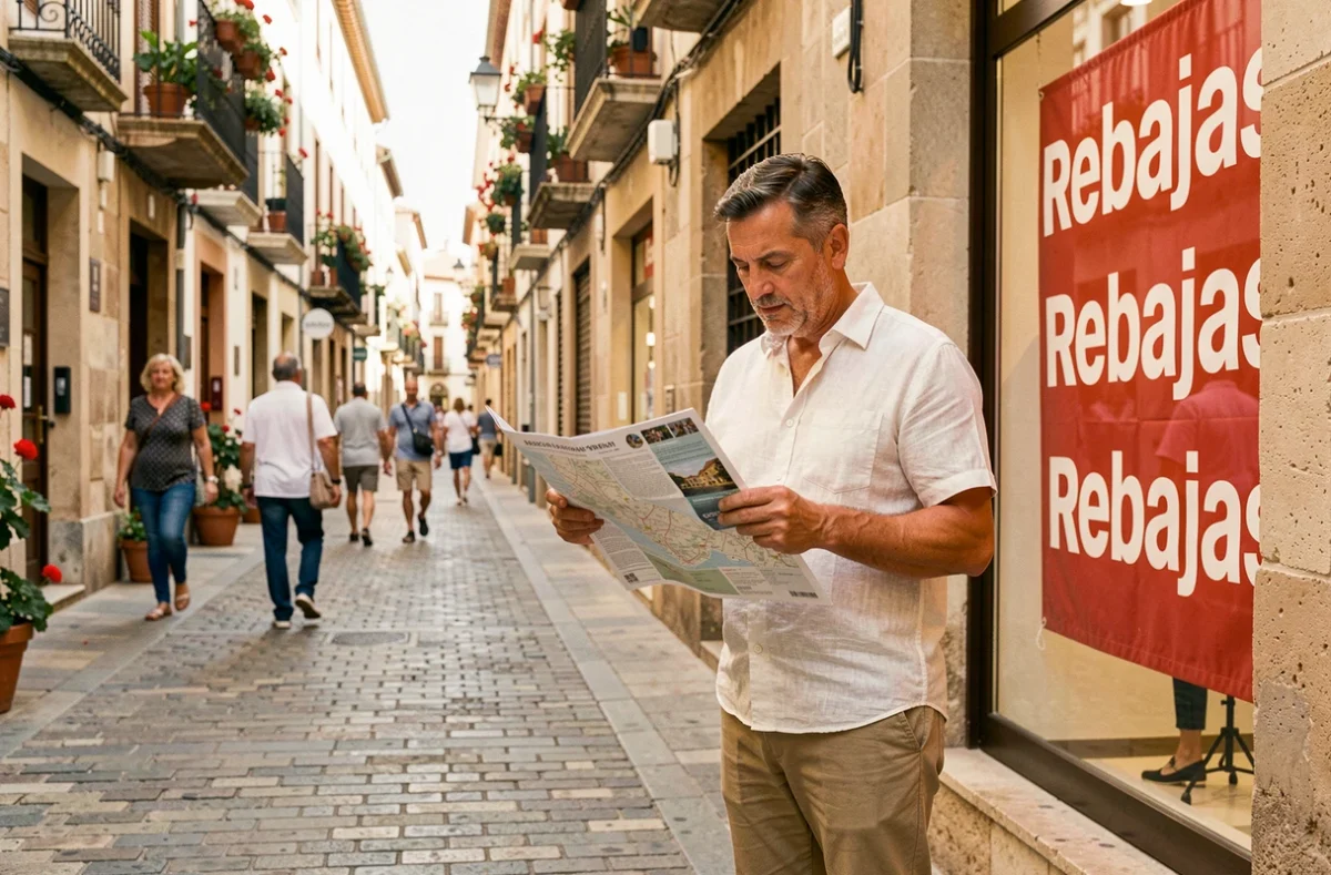 Touriste consultant un plan de shopping devant une vitrine avec panneaux Rebajas dans une rue commerçante espagnole