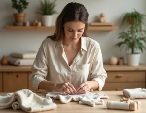 Mère pliant des vêtements éthiques en coton biologique pour bébé dans une chambre d'enfant style scandinave avec des accessoires durables en bambou et bois