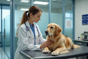 Vétérinaire femme examine un chien dans une clinique moderne